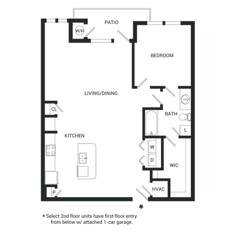 Floor plan for 1 bed, 1 bath, 923 sqft